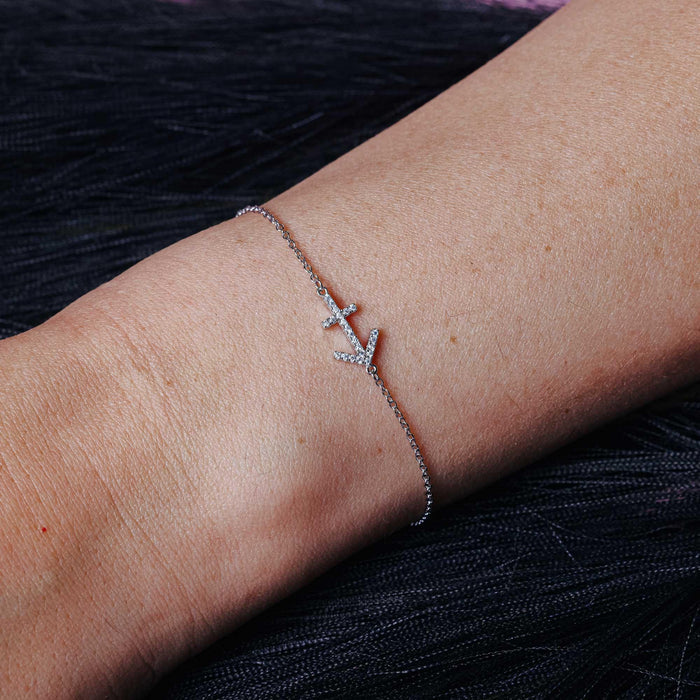 Rhodium Plated 925 Sterling Silver Sagittarius Zodiac CZ Adjustable Link Bracelet - BGB00371