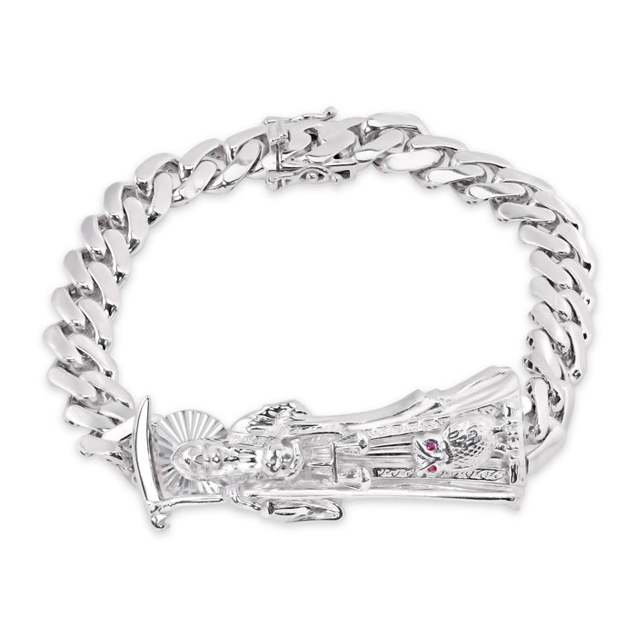 Rhodium Plated 925 Sterling Silver Santa Muerte Angel of Death 9mm Cuban Bracelet - GMB00127