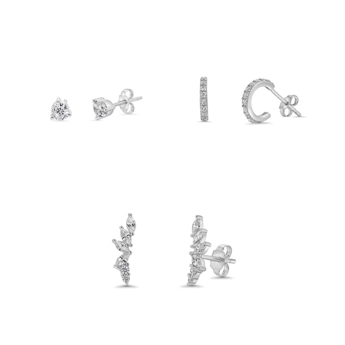 Rhodium Plated 925 Sterling Silver Semi Hoop Marquise and Round CZ Earring Set - STES00012