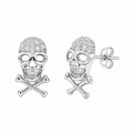 Rhodium Plated 925 Sterling Silver Skull & Crossbones CZ Stud Earring - ACE00001