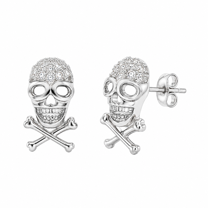 Rhodium Plated 925 Sterling Silver Skull & Crossbones CZ Stud Earring - ACE00001