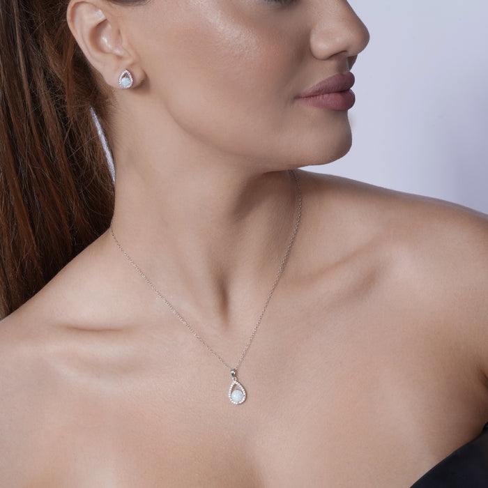 Silver 925 Rhodium Plated Synthetic Opal Open Teardrop CZ Set - BGS00586 | Silver Palace Inc.