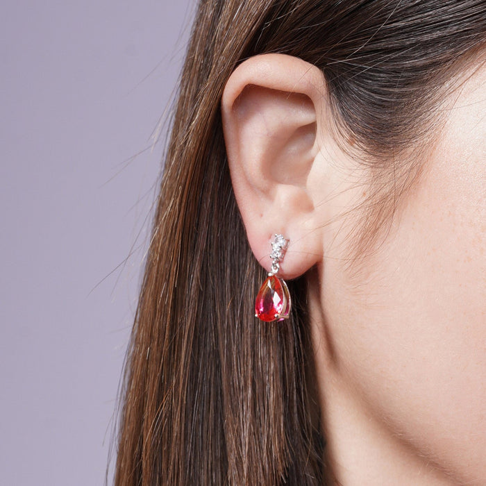 Rhodium Plated 925 Sterling Silver Teardrop Gradient Pink Orange CZ Set - BGS00590 | Silver Palace Inc.