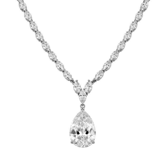 Rhodium Plated 925 Sterling Silver Teardrop Round and Oval Clear CZ Bridal Necklace - STP01837