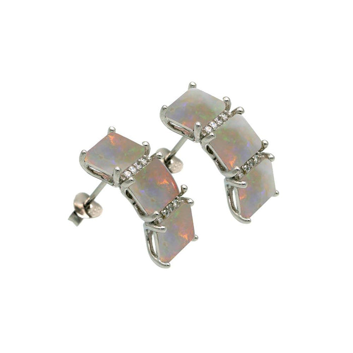 Rhodium Plated 925 Sterling Silver Triple Square Synthetic Opal CZ Stud Earrings - BGE00655 | Silver Palace Inc.