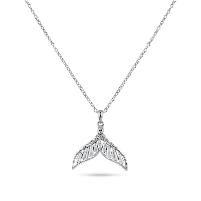 Rhodium Plated 925 Sterling Silver Whale Tail Clear Baguette CZ Necklace - STP01845 | Silver Palace Inc.