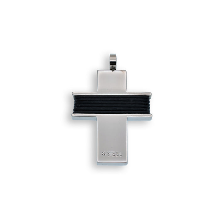 Rhodium Plated Stainless Steel Ribbed Rubber Cross Pendant - SSP00351