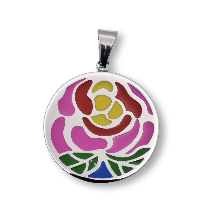 Rhodium Plated Stainless Steel Vibrant Rose 28.8mm Pendant - SSP00241
