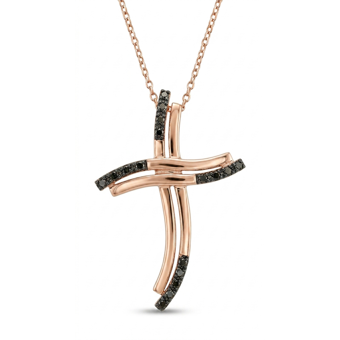 Rose Gold Plated 925 Silver Cross Black Basket Clear CZ Cross Necklace - BGP00691