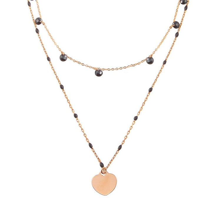 Silver 925 Rose Gold Plated Multi Chain Black CZ Enamel Beaded Heart Necklace - ECN00063RGP | Silver Palace Inc.