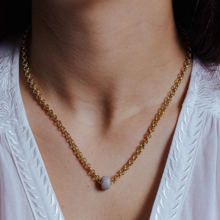 Gold Plated 925 Sterling Silver Rolo Chain Necklace with Micro Pave CZ Round Pendant - ECN00008YW