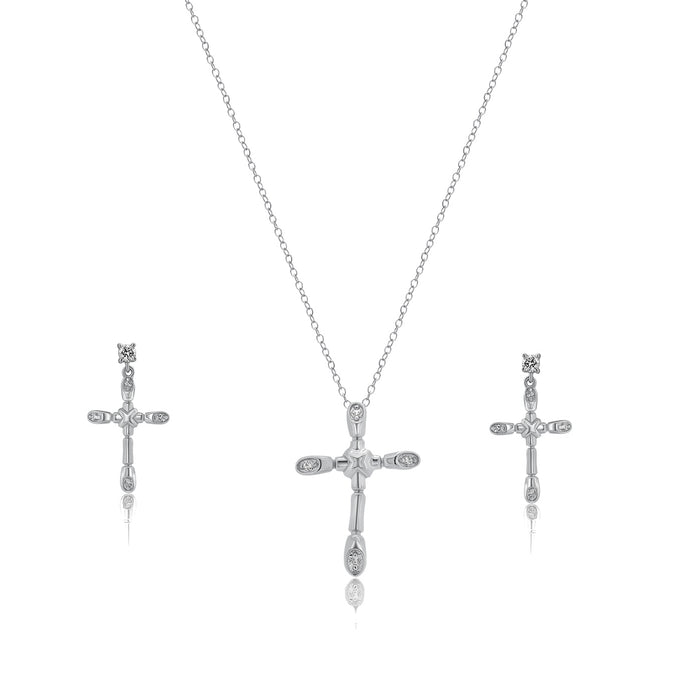 Silver 925 Rhodium Plated Bone Cross CZ Necklace and Earrings Set - BGS00308 | Silver Palace Inc.