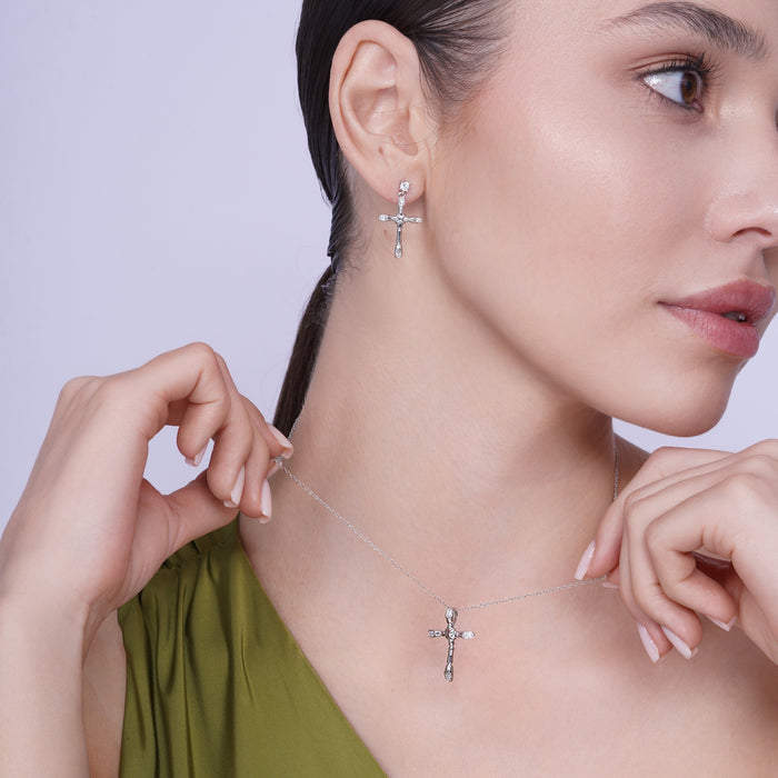 Silver 925 Rhodium Plated Bone Cross CZ Necklace and Earrings Set - BGS00308 | Silver Palace Inc.