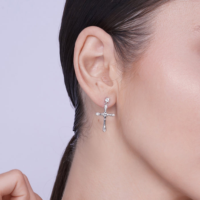 Silver 925 Rhodium Plated Bone Cross CZ Necklace and Earrings Set - BGS00308 | Silver Palace Inc.