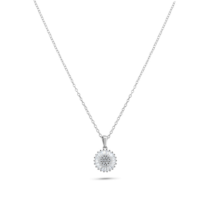 Silver 925 Rhodium Plated Clear Cluster and Baguette CZ Flower Pendant Necklace - STP01370