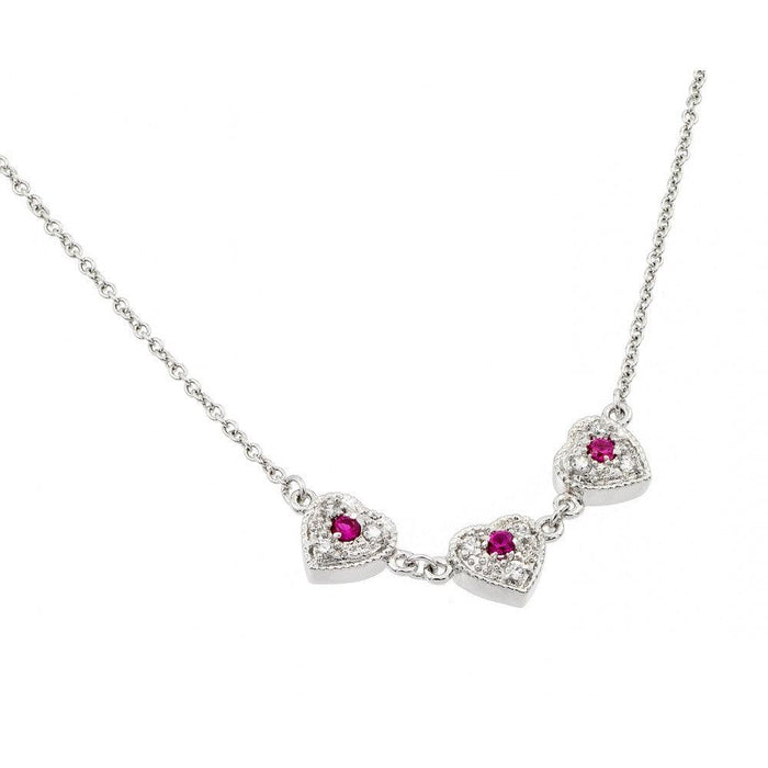 Silver 925 Rhodium Plated Clear CZ 3 Red Hearts Pendant Necklace - BGP00916RED | Silver Palace Inc. #color_red
