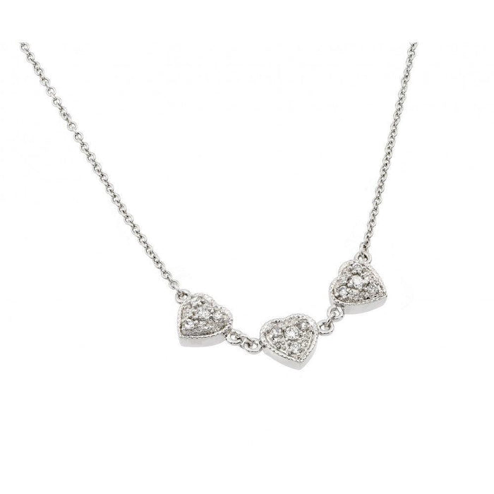 Silver 925 Rhodium Plated Clear CZ 3 Hearts Pendant Necklace - BGP00916CLR | Silver Palace Inc. #color_clear