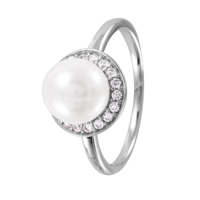 Silver 925 Rhodium Plated Round Band with Synthetic Pearl CZ Halo Ring - GMR00073 | Silver Palace Inc.