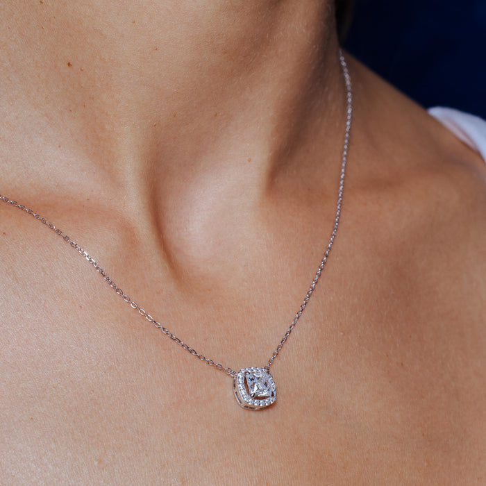 Silver Rhodium 925 Square Halo Moissanite Necklace - MBGP00001