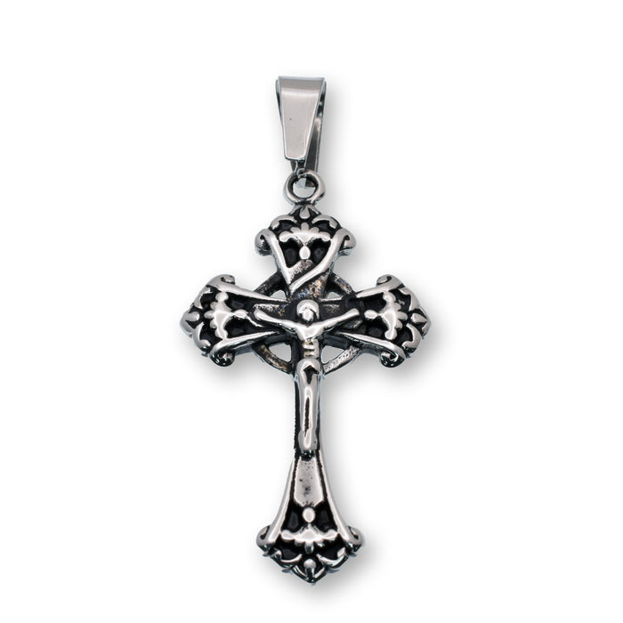 Stainless Steel Oxidized Finish Ornate Crucifix Cross Filigree 23.2mm x 39.2mm Pendant - SSP00275