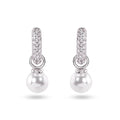 Sterling Silver Rhodium Plated Dangling Pearl Clear CZ Hoop Earrings - STE01373