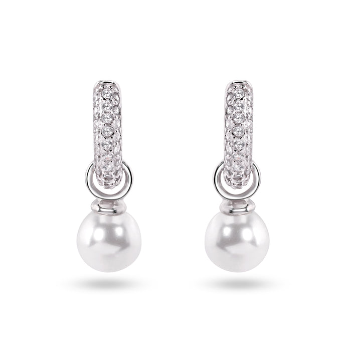 Sterling Silver Rhodium Plated Dangling Pearl Clear CZ Hoop Earrings - STE01373