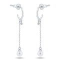 Sterling Silver Rhodium Plated Dangling Pearl Semi Hoop CZ Earrings - GME00149