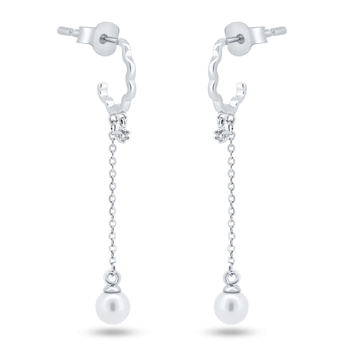 Sterling Silver Rhodium Plated Dangling Pearl Semi Hoop CZ Earrings - GME00149