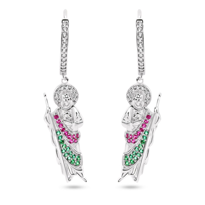 Sterling Silver Rhodium Plated Dangling St Jude Hoop Clear CZ Earrings - GME00153
