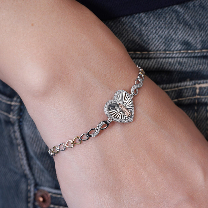 Three Tone Plated 925 Sterling Silver Diamond Cut Moissanite or Cubic Zirconia Heart Guadalupe Adjustable Bracelet - MGMB00153TRI | GMB00153TRI