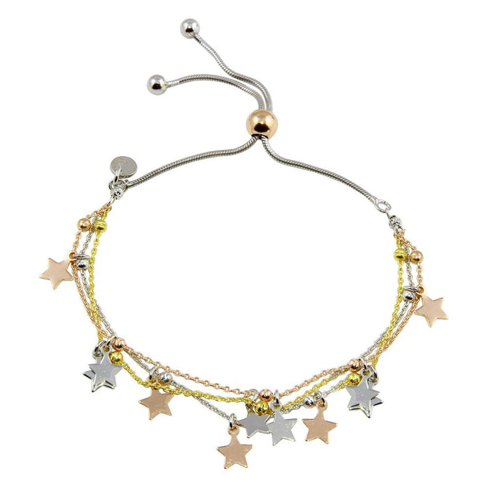 Silver 925 3 Toned Plated Multi Chain Star Beaded Lariat Bracelet - ECB00119 | Silver Palace Inc.