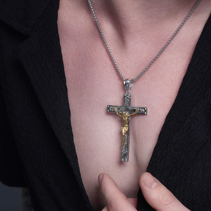 Two Tone Plated 925 Sterling Silver Crucifix Cross Clear CZ 40.1mm x 62.6mm Pendant - GMP00175RG